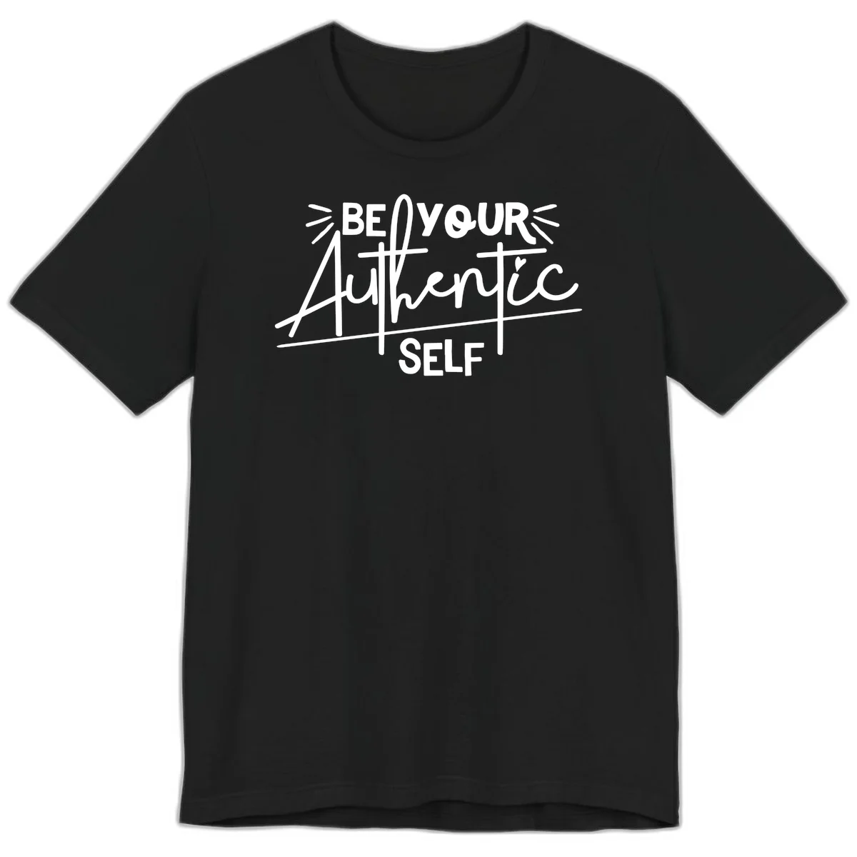White hand-lettered text reading 'Be Your Authentic Self' with decorative radiating lines and a small heart on gray background in Black