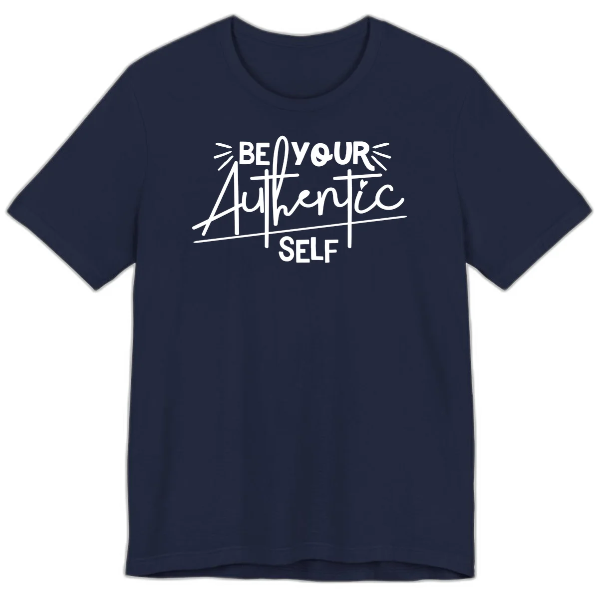 White hand-lettered text reading 'Be Your Authentic Self' with decorative radiating lines and a small heart on gray background in Navy