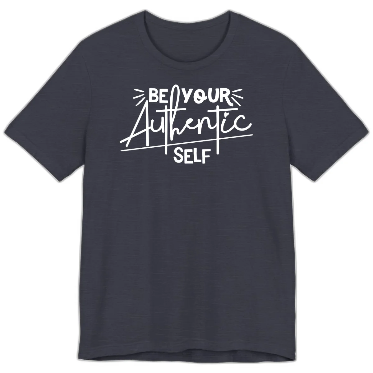 White hand-lettered text reading 'Be Your Authentic Self' with decorative radiating lines and a small heart on gray background in Heather Midnight Navy