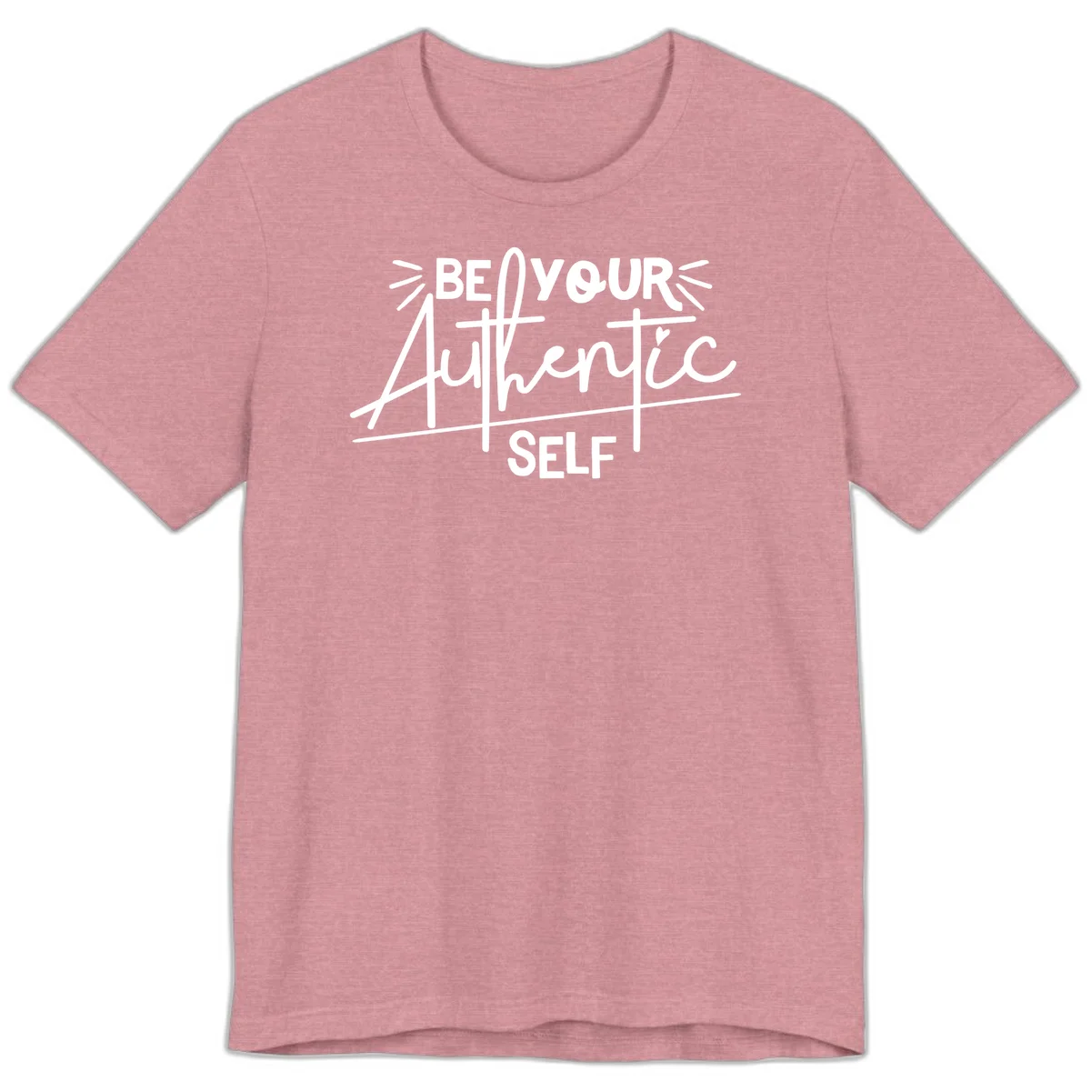 White hand-lettered text reading 'Be Your Authentic Self' with decorative radiating lines and a small heart on gray background in Heather Orchid