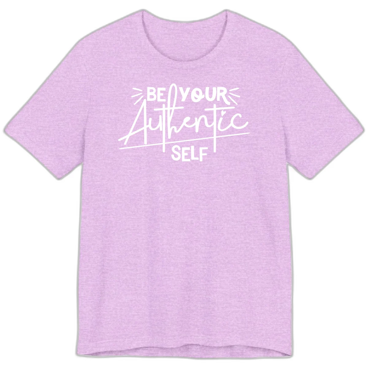 White hand-lettered text reading 'Be Your Authentic Self' with decorative radiating lines and a small heart on gray background in Heather Prism Lilac