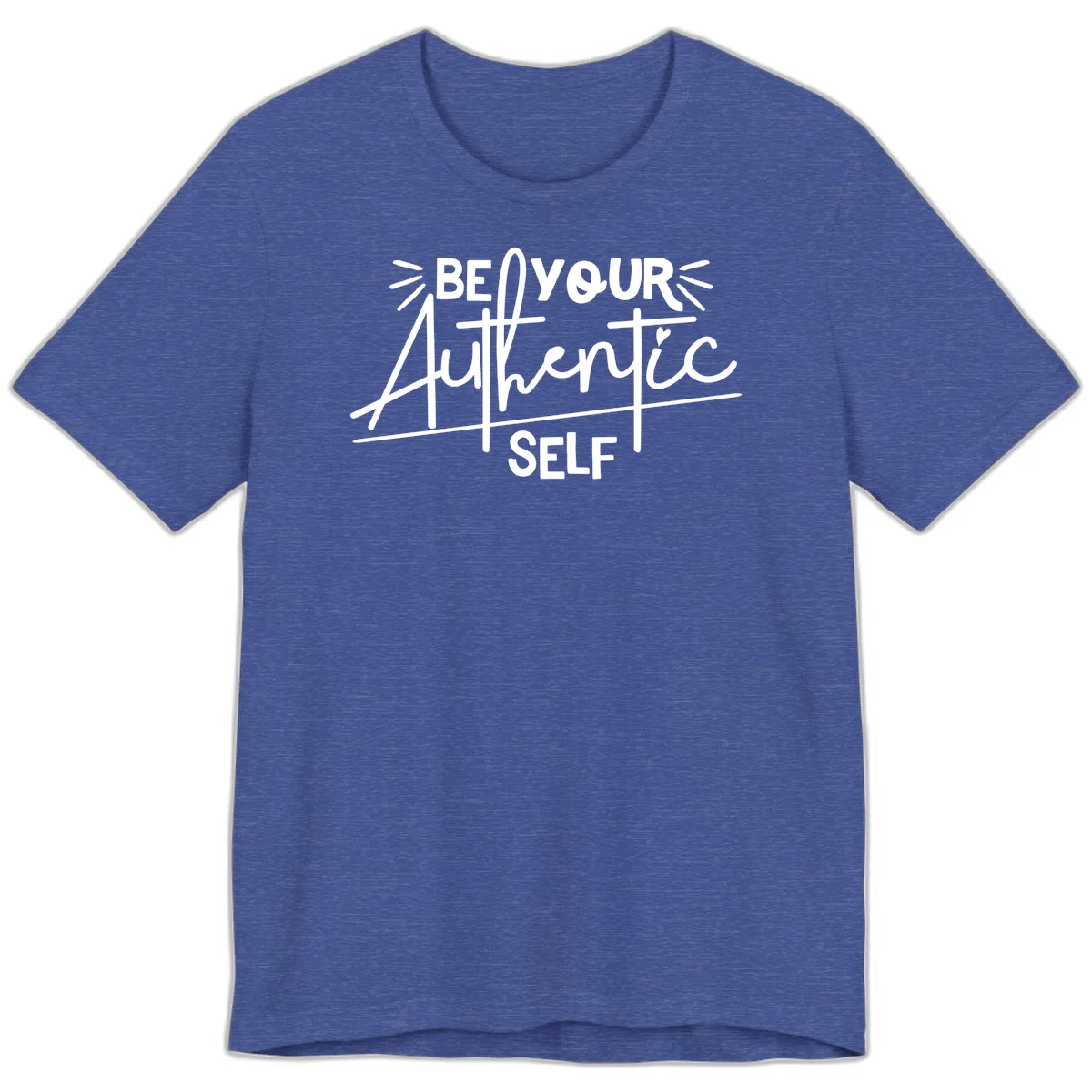 White hand-lettered text reading 'Be Your Authentic Self' with decorative radiating lines and a small heart on gray background in Heather True Royal