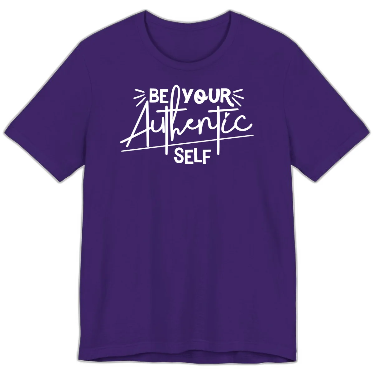 White hand-lettered text reading 'Be Your Authentic Self' with decorative radiating lines and a small heart on gray background in Team Purple