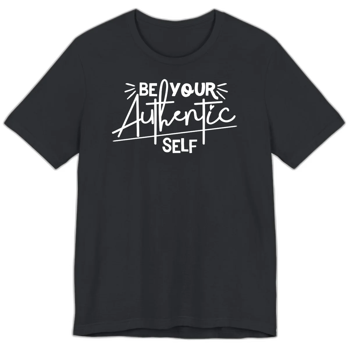 White hand-lettered text reading 'Be Your Authentic Self' with decorative radiating lines and a small heart on gray background in Vintage Black