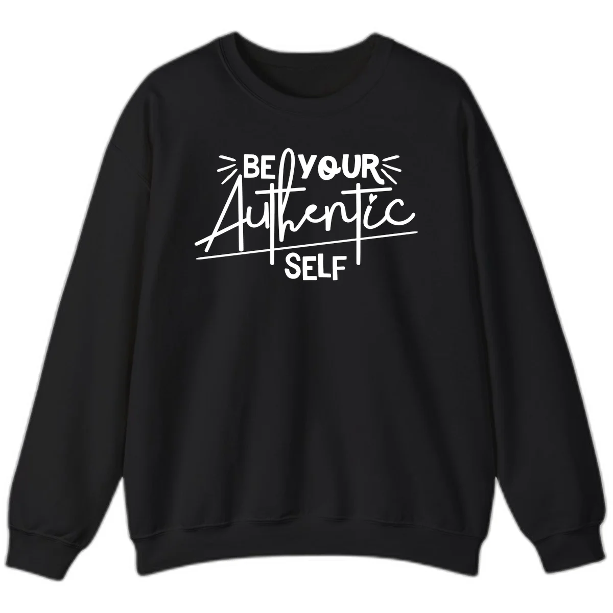 White hand-lettered text reading 'Be Your Authentic Self' with decorative radiating lines and a small heart on gray background in Black