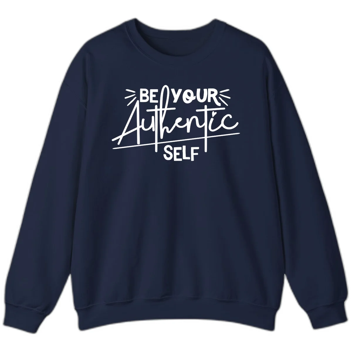 White hand-lettered text reading 'Be Your Authentic Self' with decorative radiating lines and a small heart on gray background in Navy