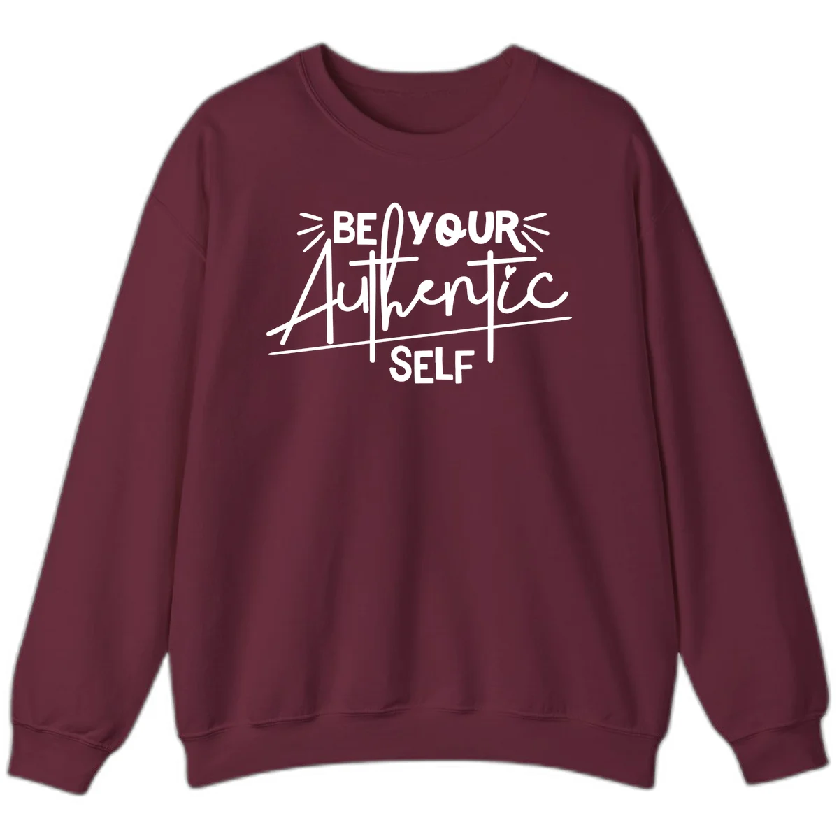 White hand-lettered text reading 'Be Your Authentic Self' with decorative radiating lines and a small heart on gray background in Maroon