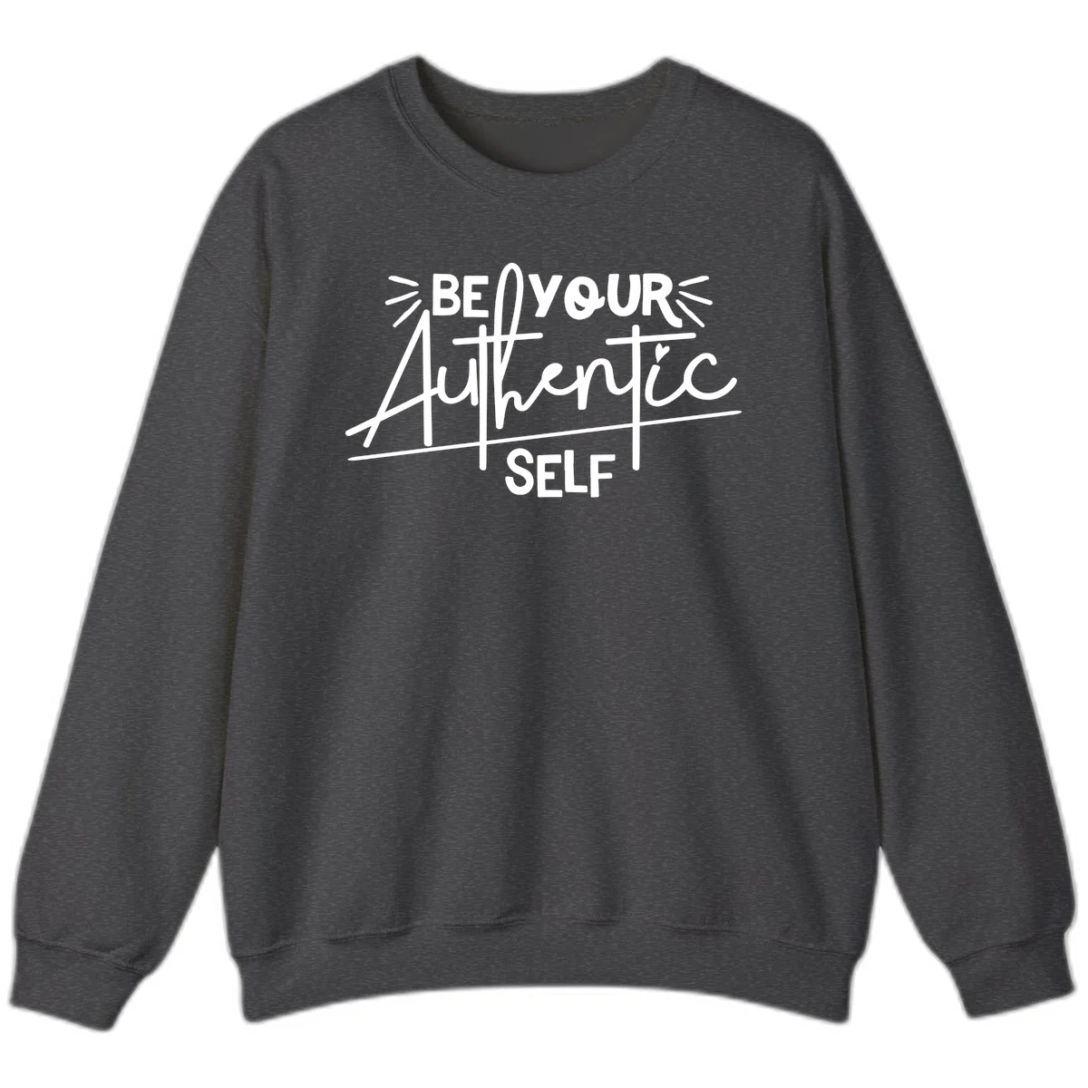 White hand-lettered text reading 'Be Your Authentic Self' with decorative radiating lines and a small heart on gray background in Dark Heather