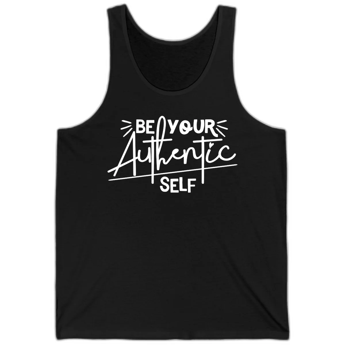 White hand-lettered text reading 'Be Your Authentic Self' with decorative radiating lines and a small heart on gray background in Black