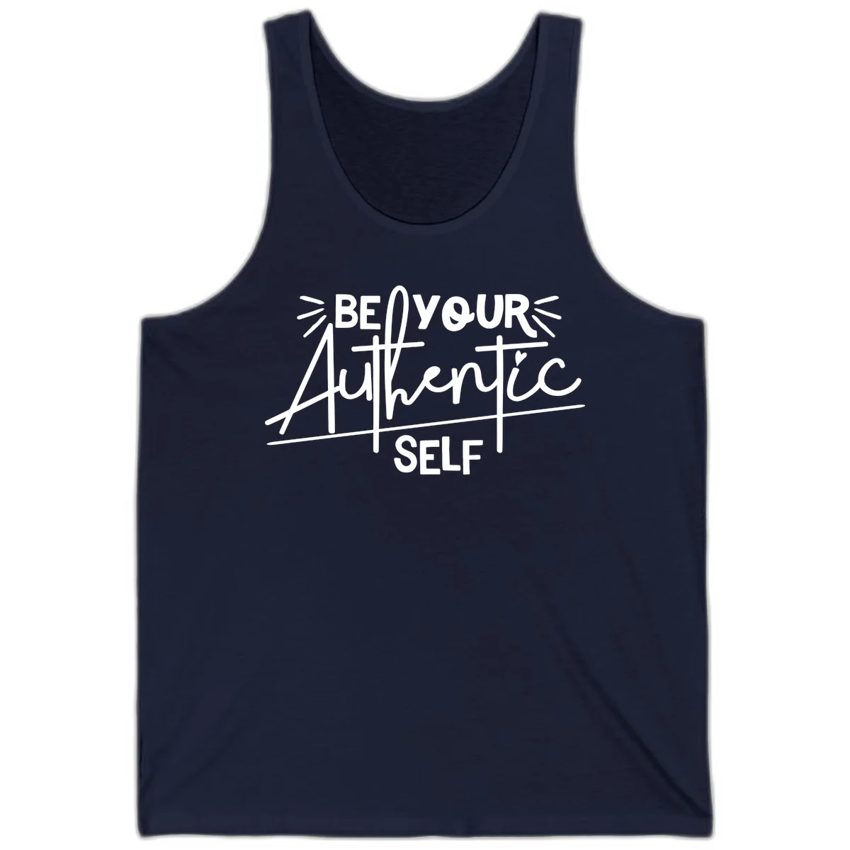 White hand-lettered text reading 'Be Your Authentic Self' with decorative radiating lines and a small heart on gray background in Navy