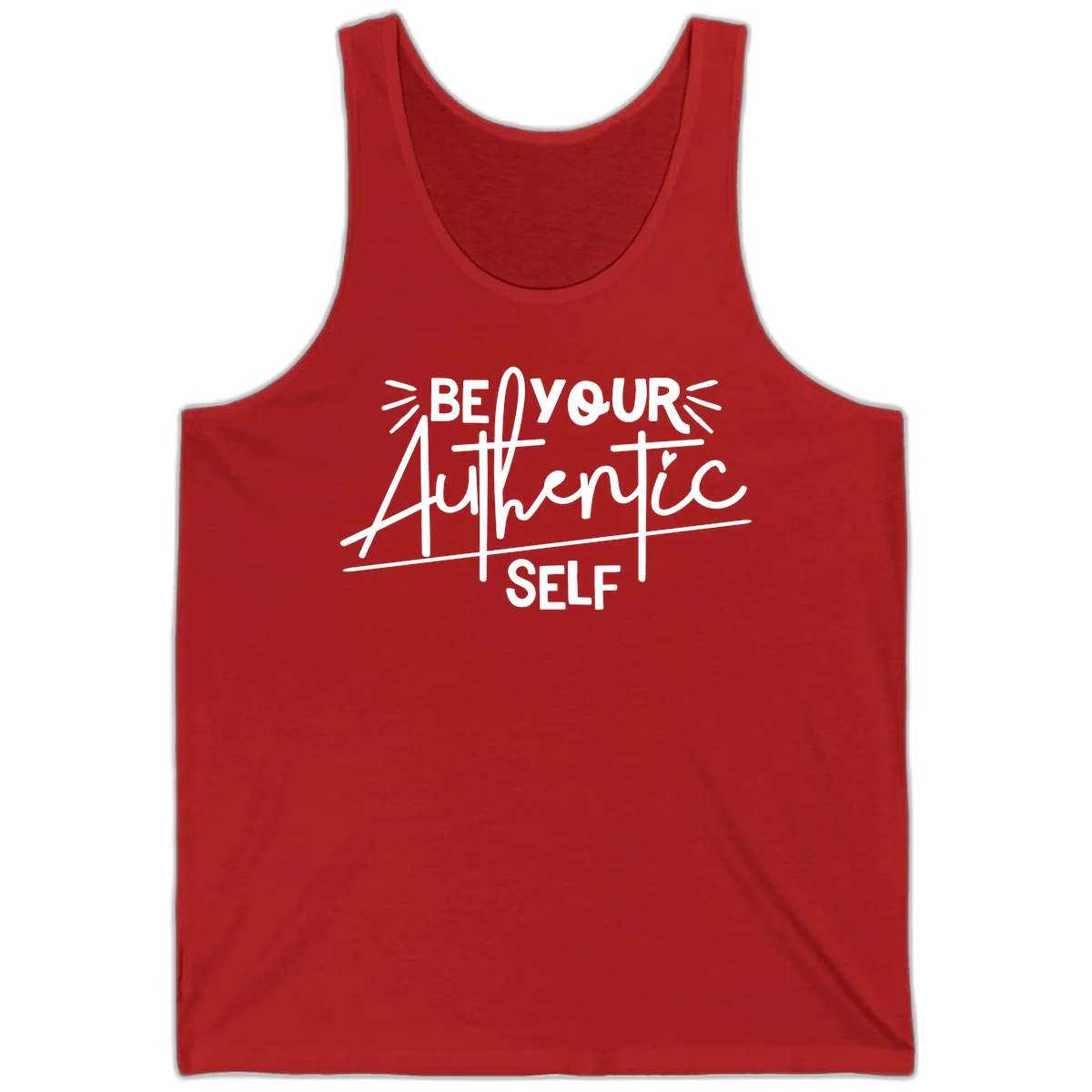 White hand-lettered text reading 'Be Your Authentic Self' with decorative radiating lines and a small heart on gray background in Red