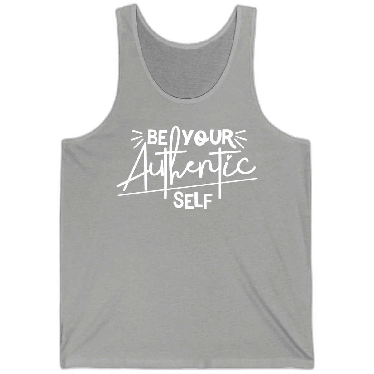 White hand-lettered text reading 'Be Your Authentic Self' with decorative radiating lines and a small heart on gray background in Athletic Heather