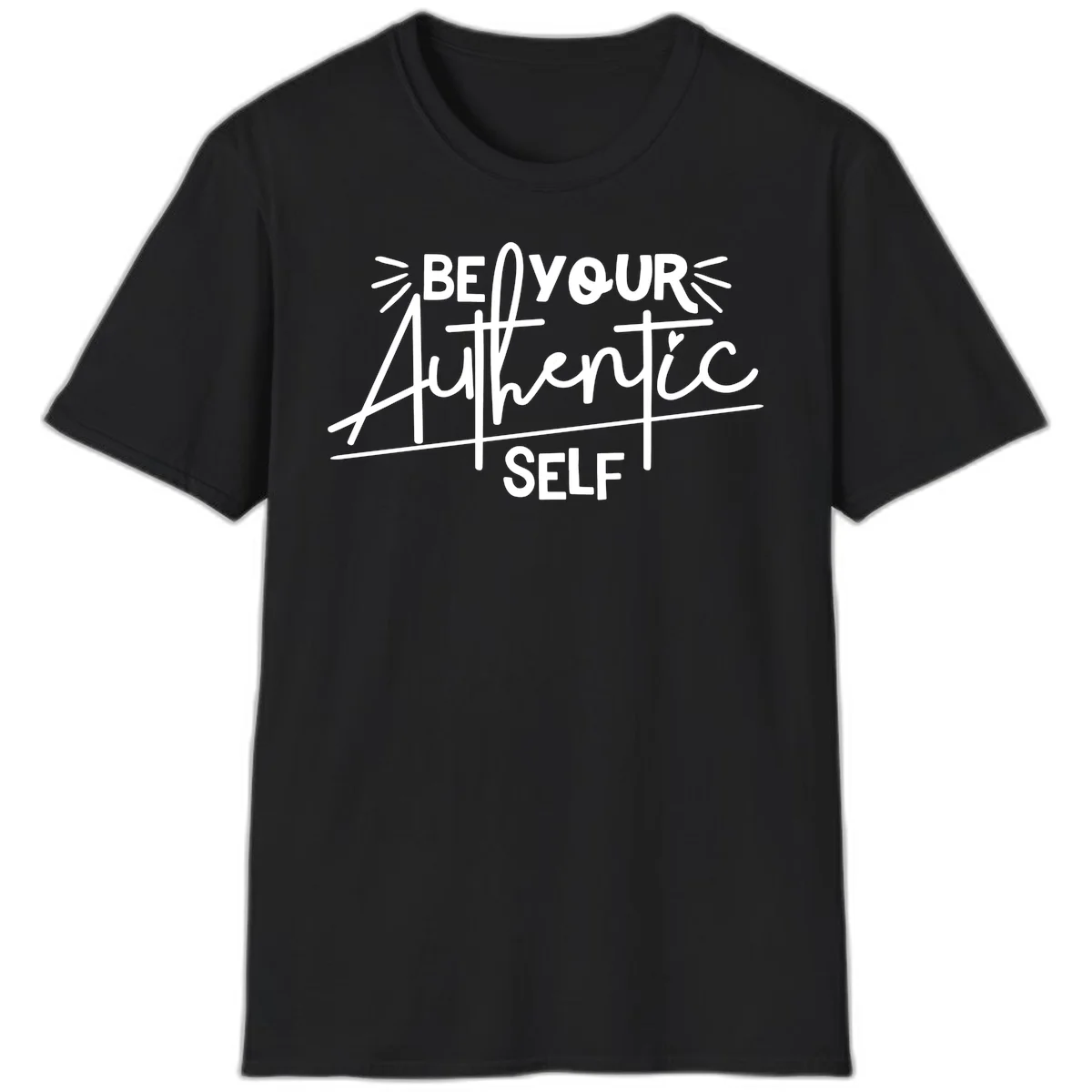 White hand-lettered text reading 'Be Your Authentic Self' with decorative radiating lines and a small heart on gray background in Black