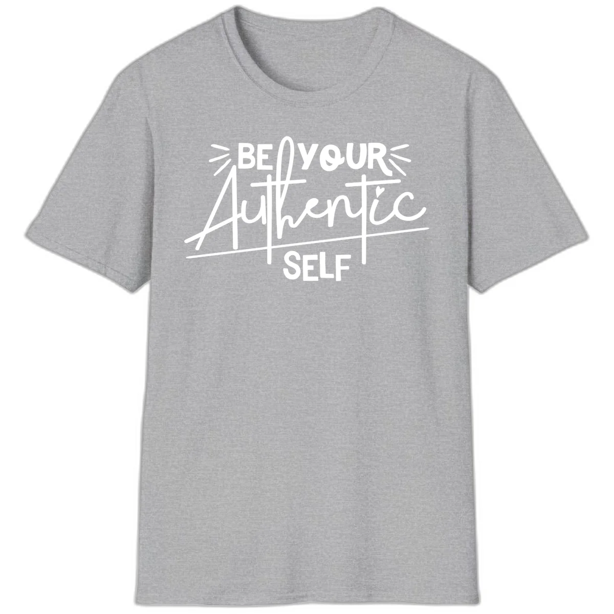 White hand-lettered text reading 'Be Your Authentic Self' with decorative radiating lines and a small heart on gray background in Sport Grey