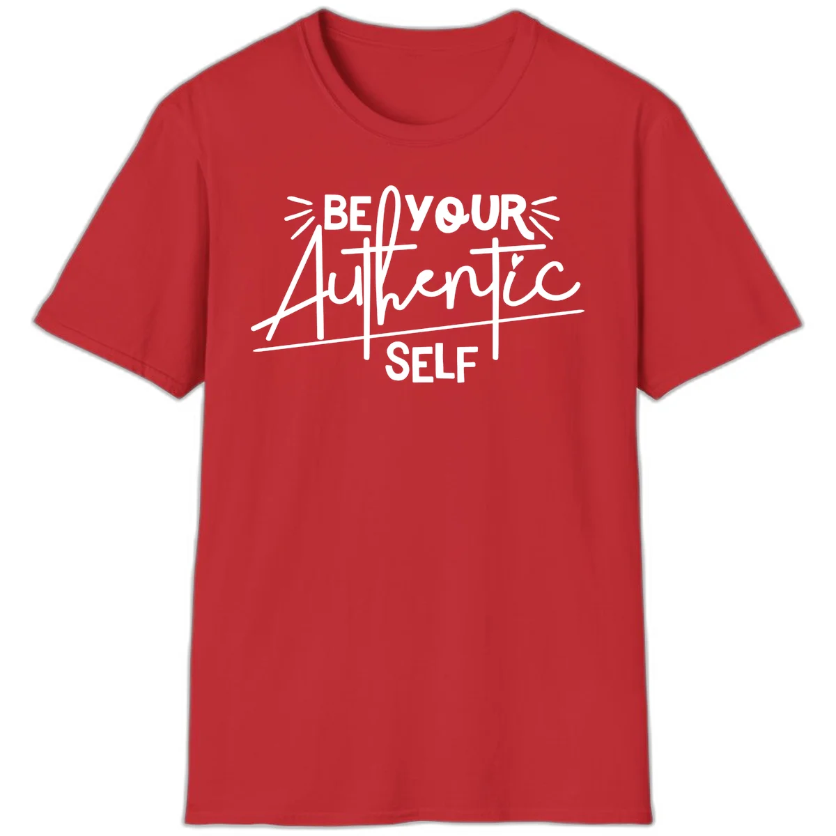 White hand-lettered text reading 'Be Your Authentic Self' with decorative radiating lines and a small heart on gray background in Red