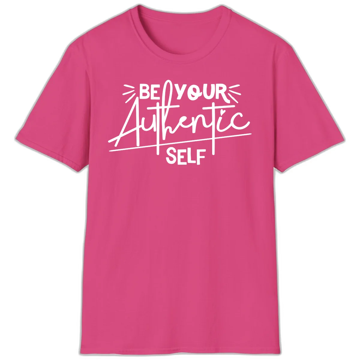 White hand-lettered text reading 'Be Your Authentic Self' with decorative radiating lines and a small heart on gray background in Heliconia