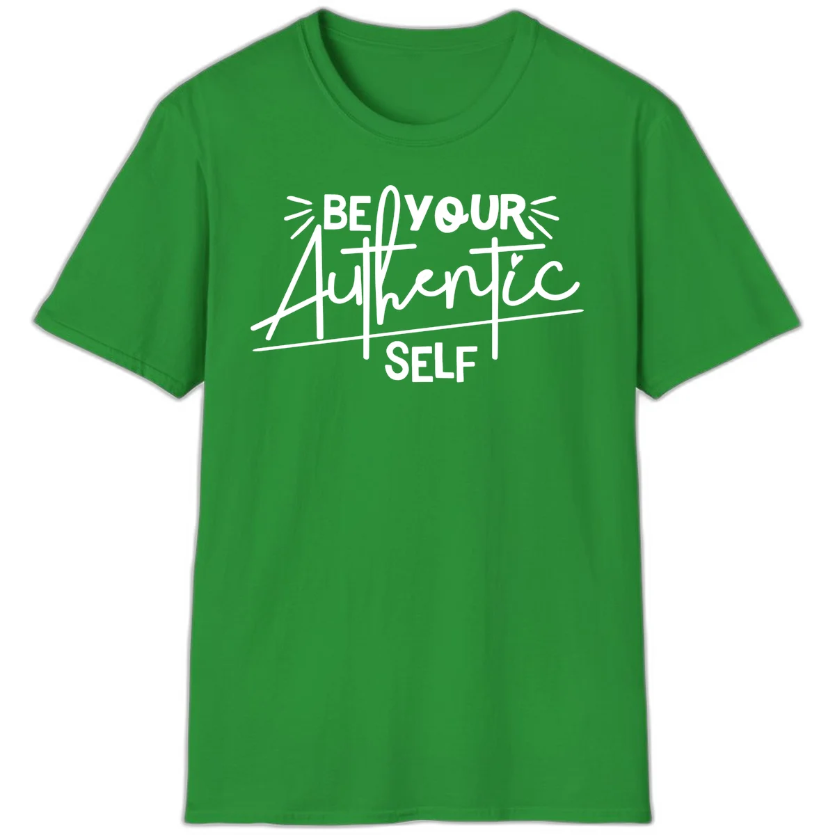 White hand-lettered text reading 'Be Your Authentic Self' with decorative radiating lines and a small heart on gray background in Irish Green