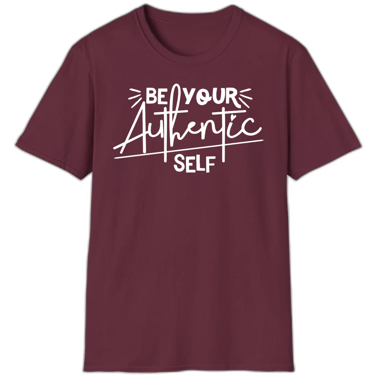 White hand-lettered text reading 'Be Your Authentic Self' with decorative radiating lines and a small heart on gray background in Maroon