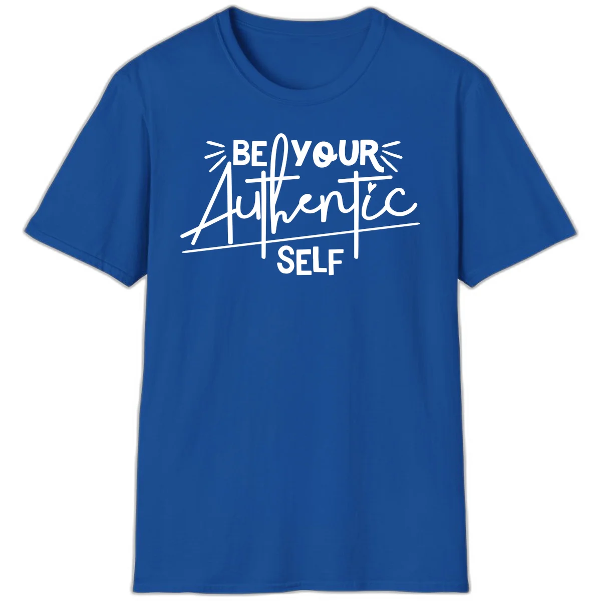 White hand-lettered text reading 'Be Your Authentic Self' with decorative radiating lines and a small heart on gray background in Royal