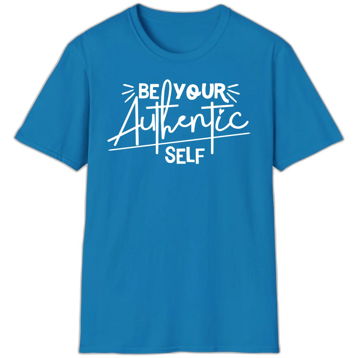 White hand-lettered text reading 'Be Your Authentic Self' with decorative radiating lines and a small heart on gray background in Sapphire