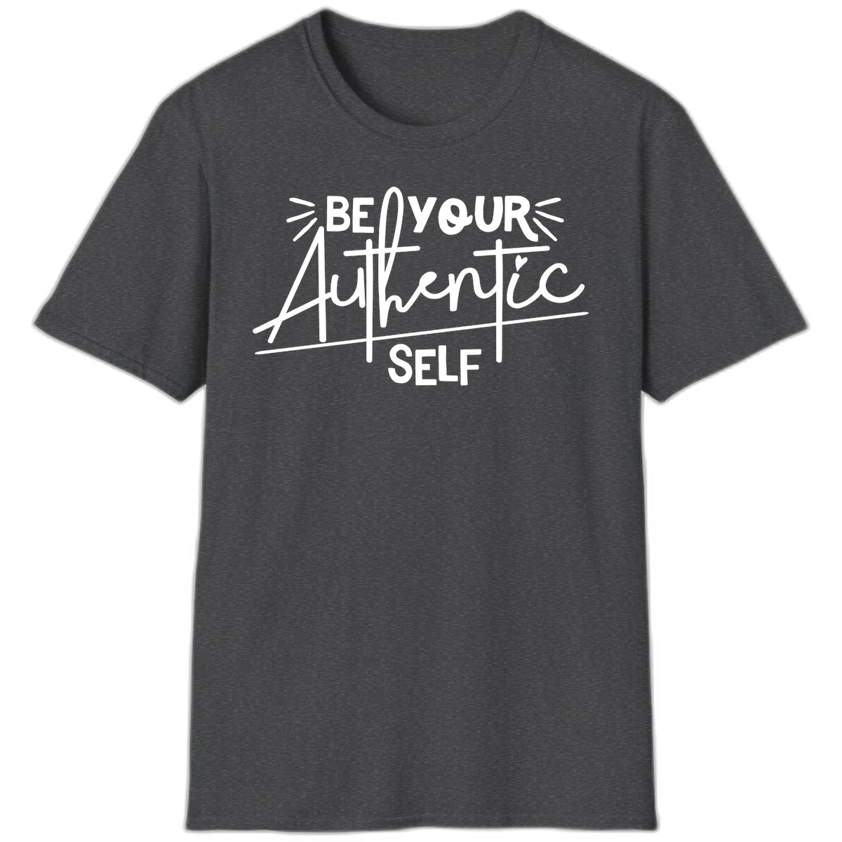 White hand-lettered text reading 'Be Your Authentic Self' with decorative radiating lines and a small heart on gray background in Dark Heather