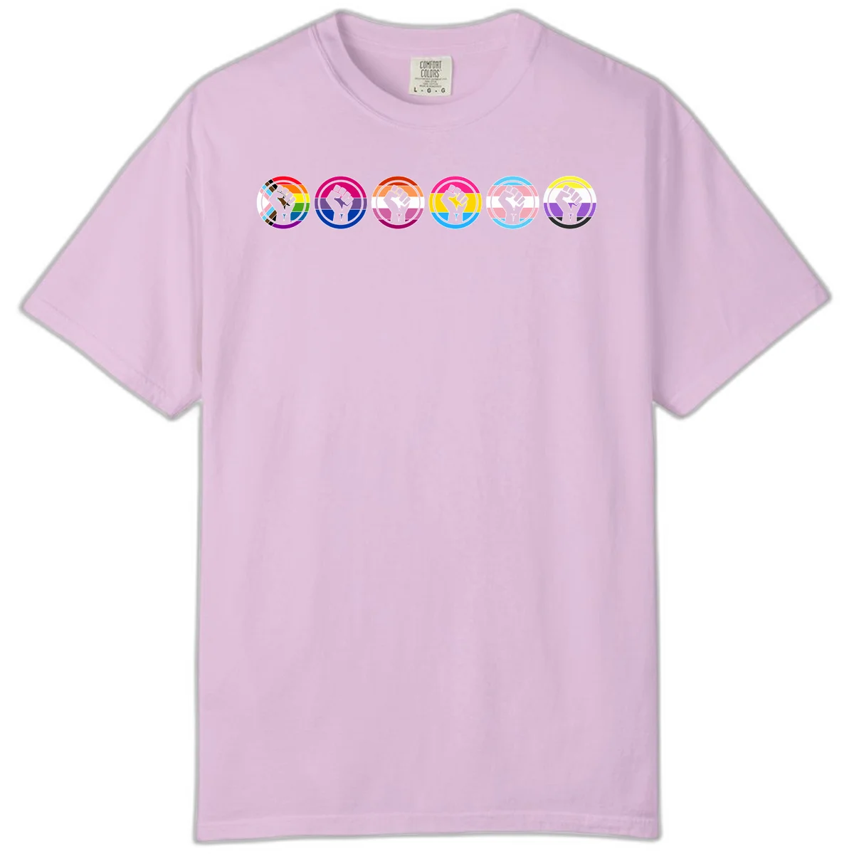 Raised fist symbol surrounded by concentric rainbow pride-colored circular rings representing LGBTQ+ unity and solidarity in Orchid