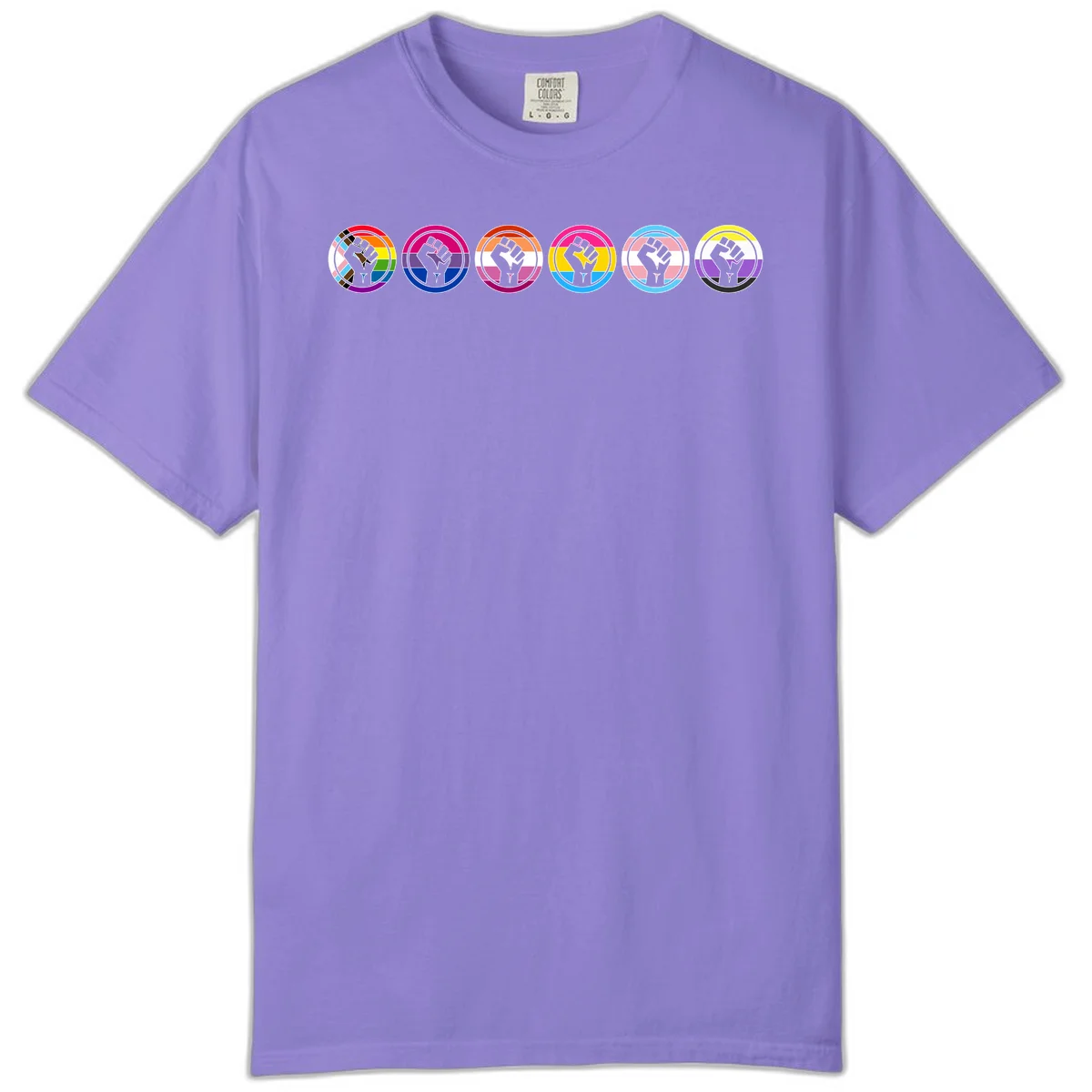 Raised fist symbol surrounded by concentric rainbow pride-colored circular rings representing LGBTQ+ unity and solidarity in Violet