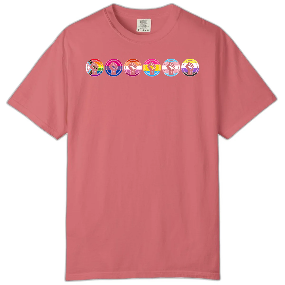 Raised fist symbol surrounded by concentric rainbow pride-colored circular rings representing LGBTQ+ unity and solidarity in Watermelon