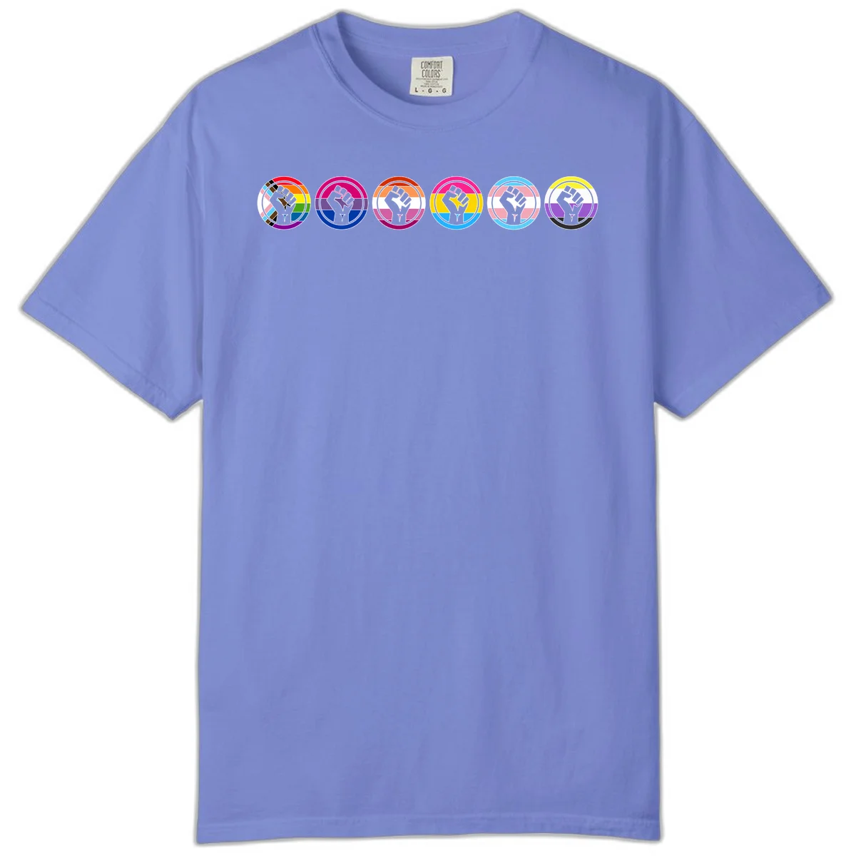 Raised fist symbol surrounded by concentric rainbow pride-colored circular rings representing LGBTQ+ unity and solidarity in Flo Blue