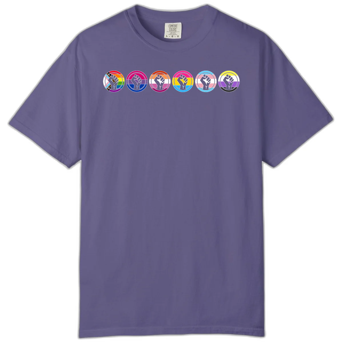Raised fist symbol surrounded by concentric rainbow pride-colored circular rings representing LGBTQ+ unity and solidarity in Grape