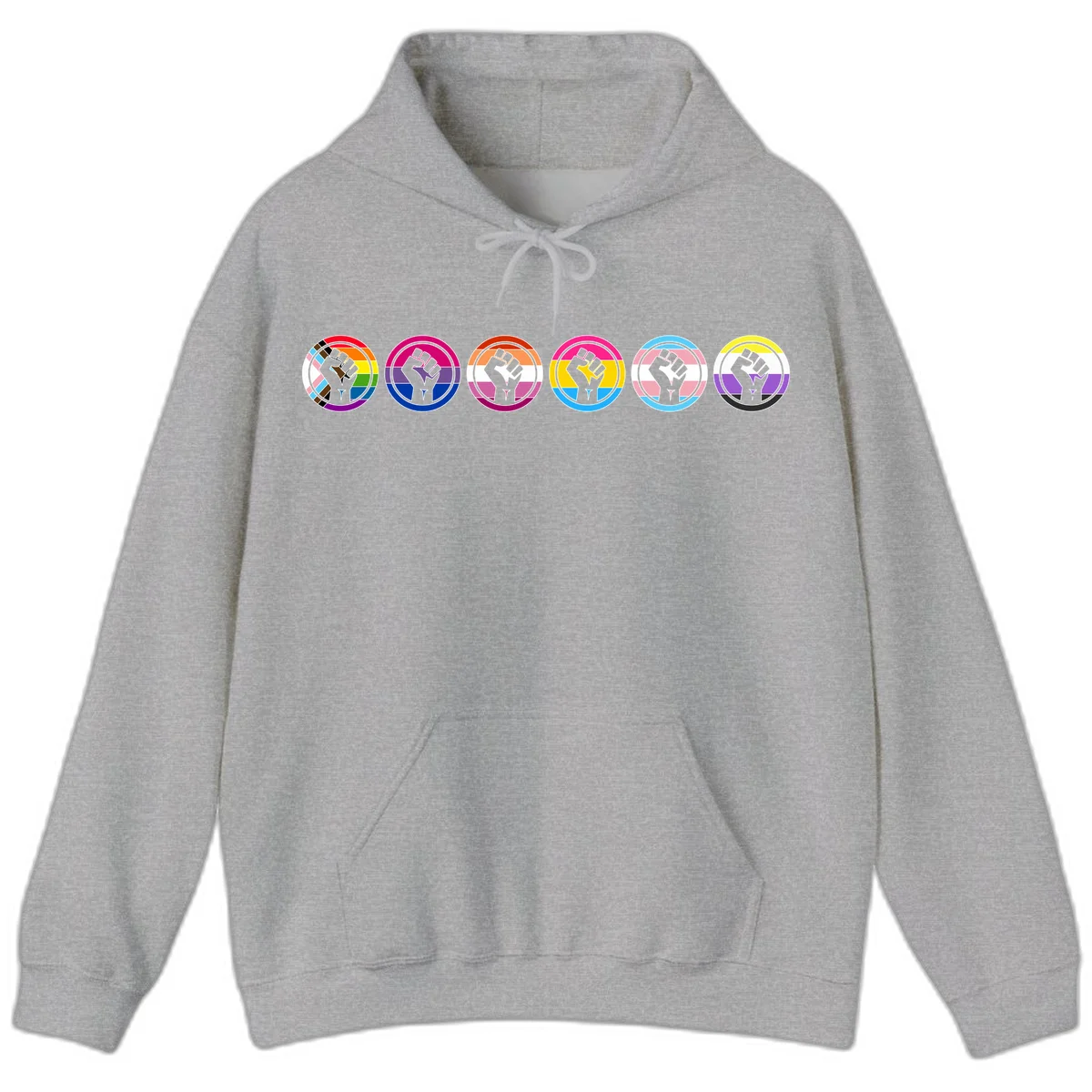 Raised fist symbol surrounded by concentric rainbow pride-colored circular rings representing LGBTQ+ unity and solidarity in Sport Grey