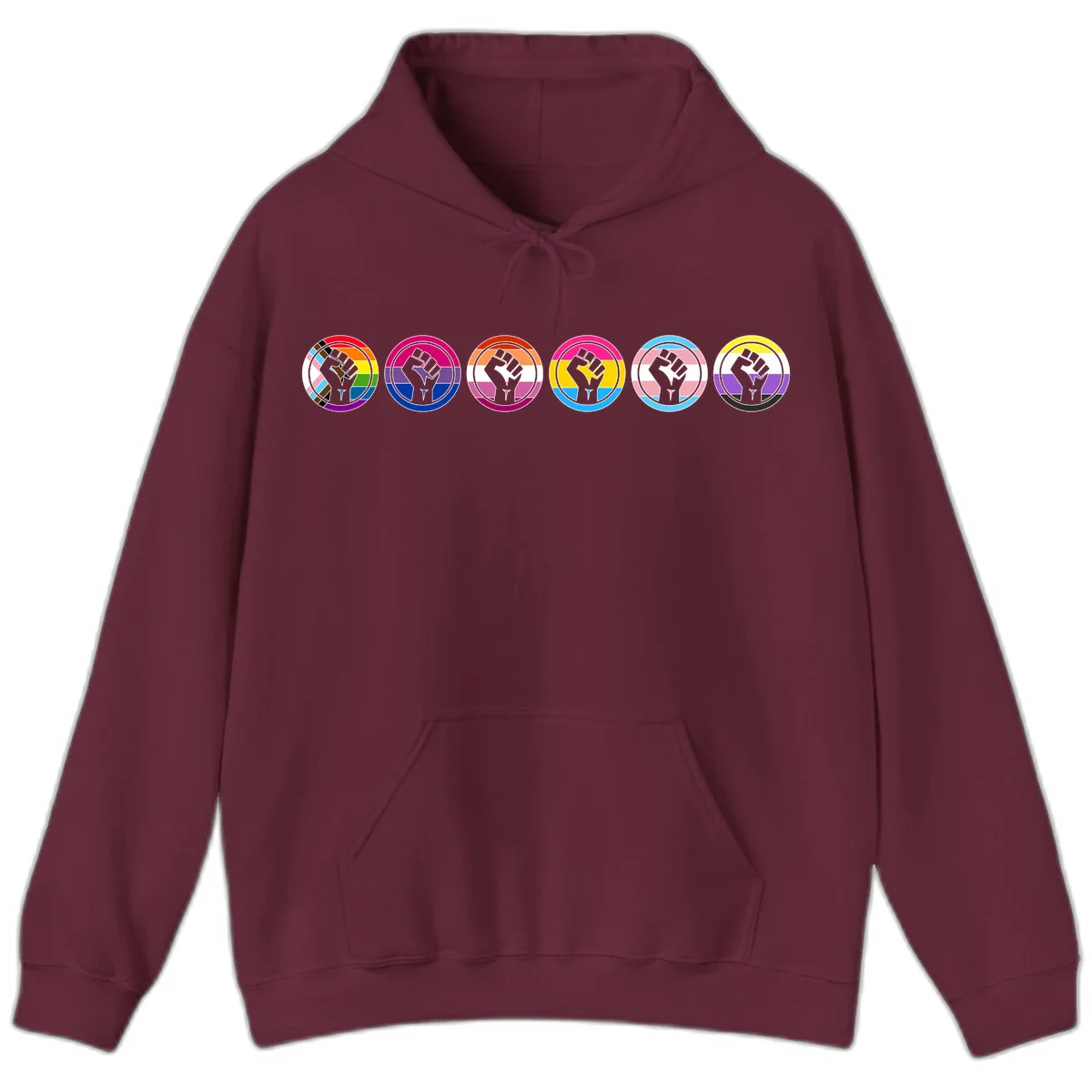 Raised fist symbol surrounded by concentric rainbow pride-colored circular rings representing LGBTQ+ unity and solidarity in Maroon