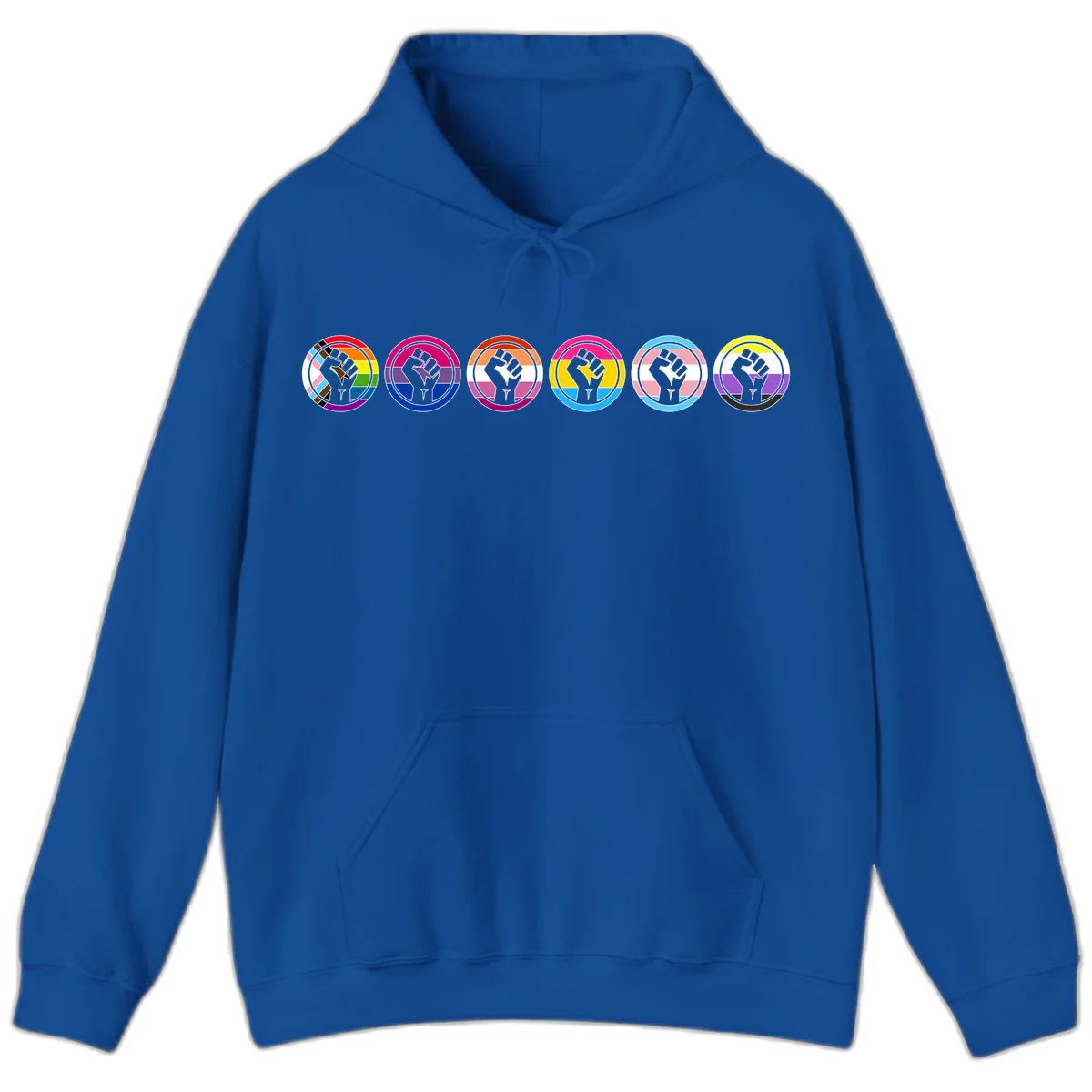 Raised fist symbol surrounded by concentric rainbow pride-colored circular rings representing LGBTQ+ unity and solidarity in Royal