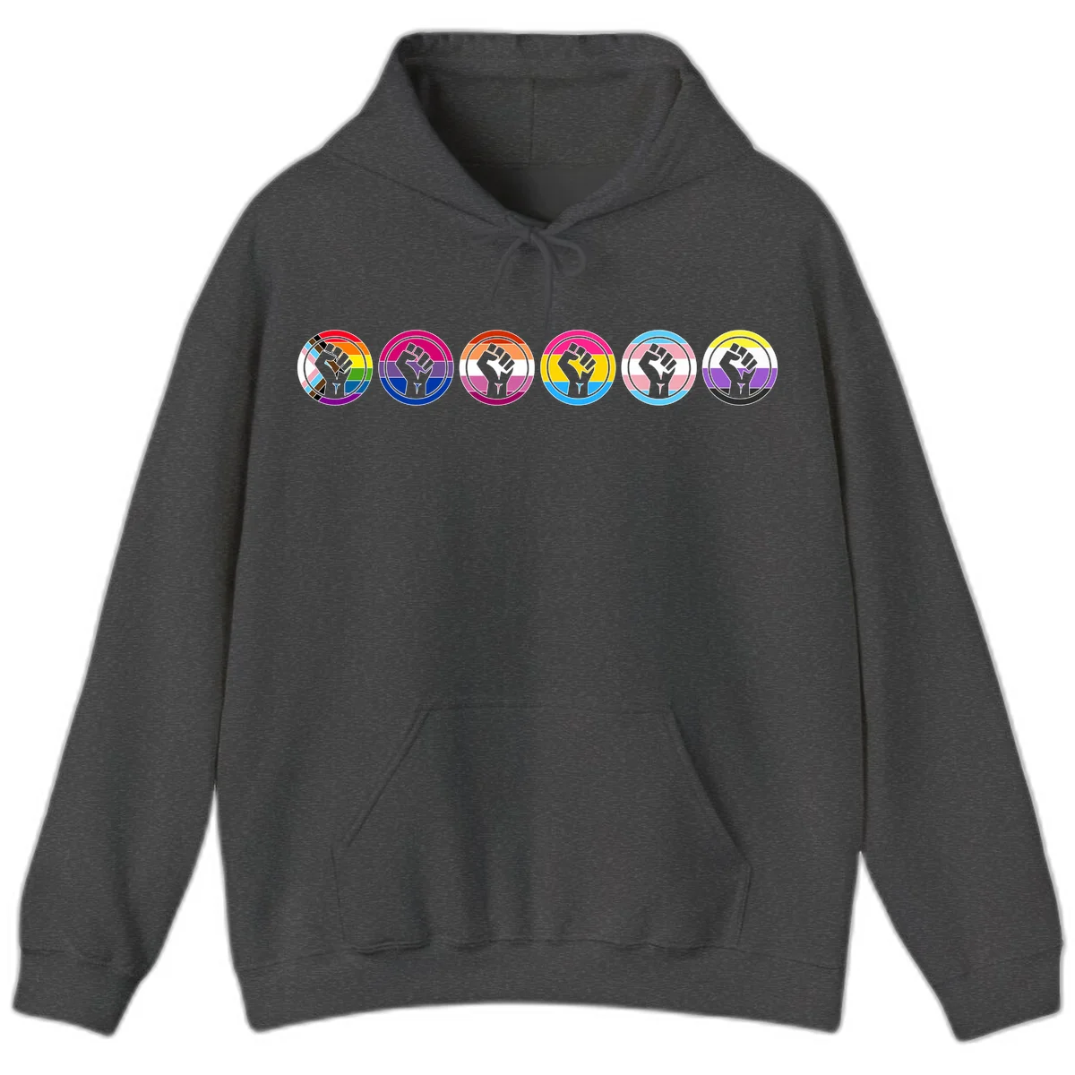 Raised fist symbol surrounded by concentric rainbow pride-colored circular rings representing LGBTQ+ unity and solidarity in Dark Heather