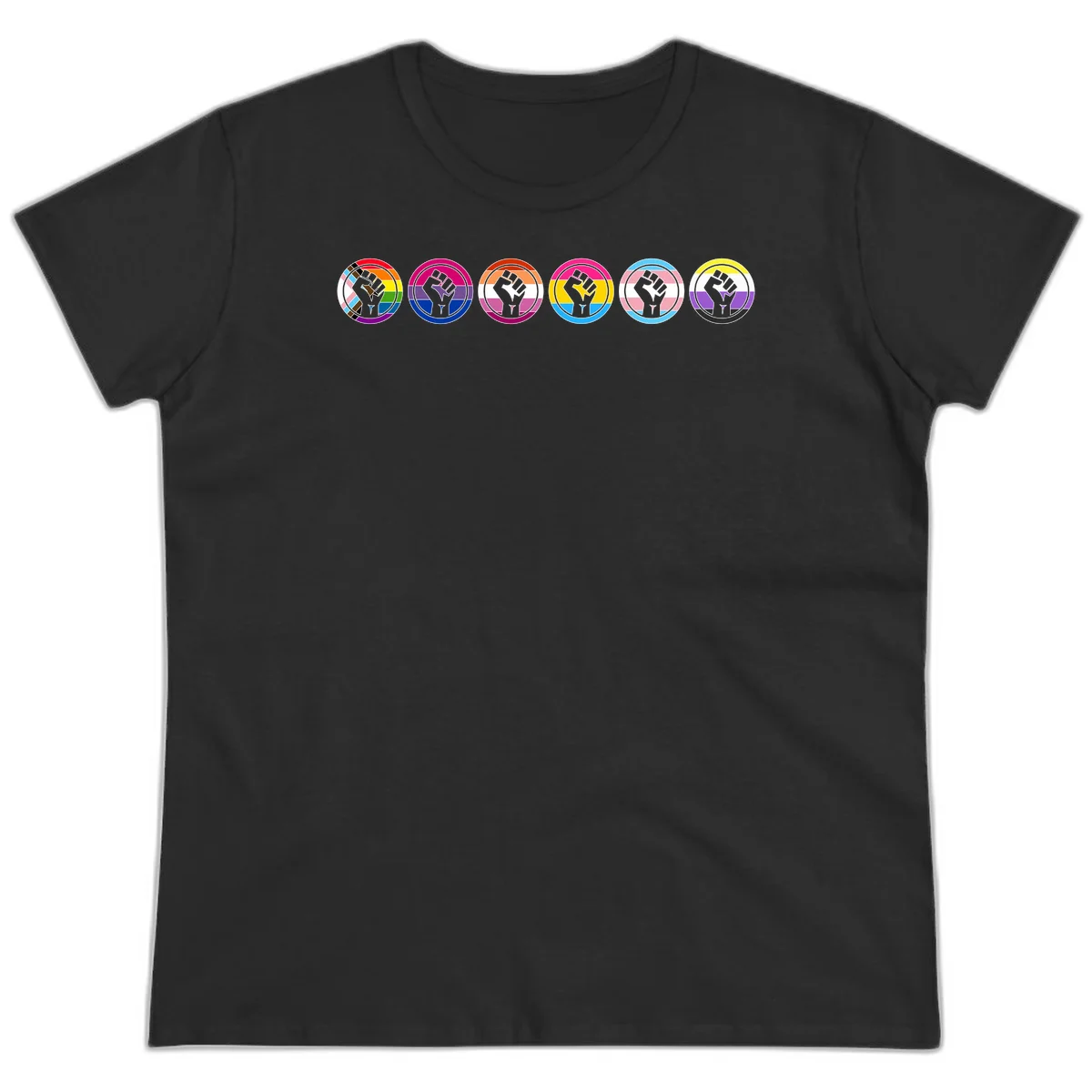 Raised fist symbol surrounded by concentric rainbow pride-colored circular rings representing LGBTQ+ unity and solidarity in Black