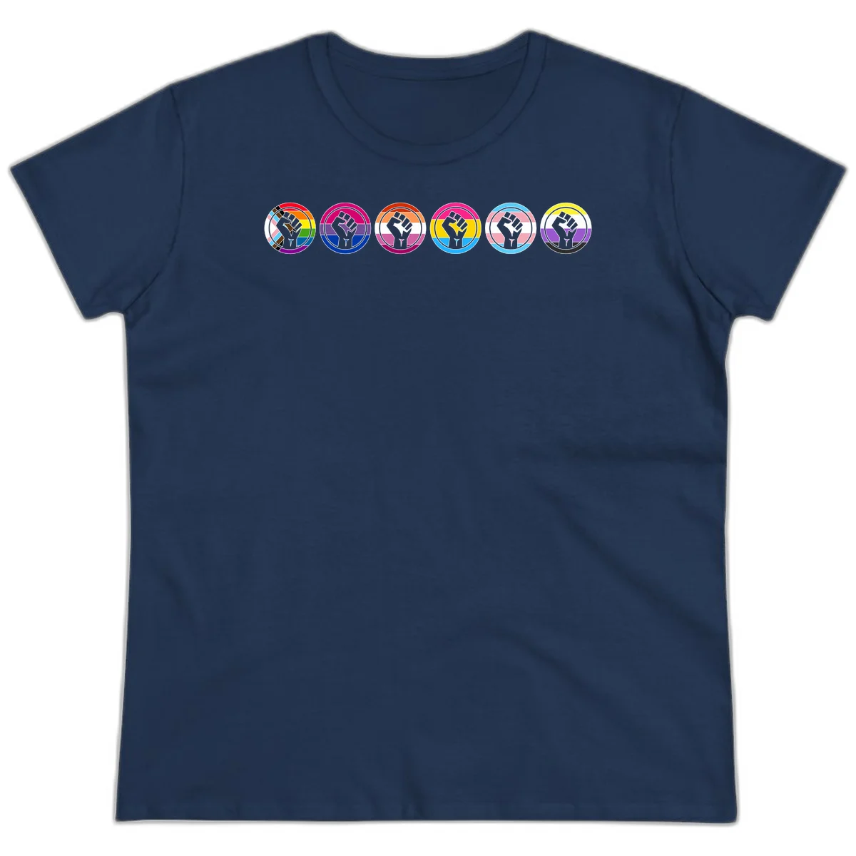 Raised fist symbol surrounded by concentric rainbow pride-colored circular rings representing LGBTQ+ unity and solidarity in Navy