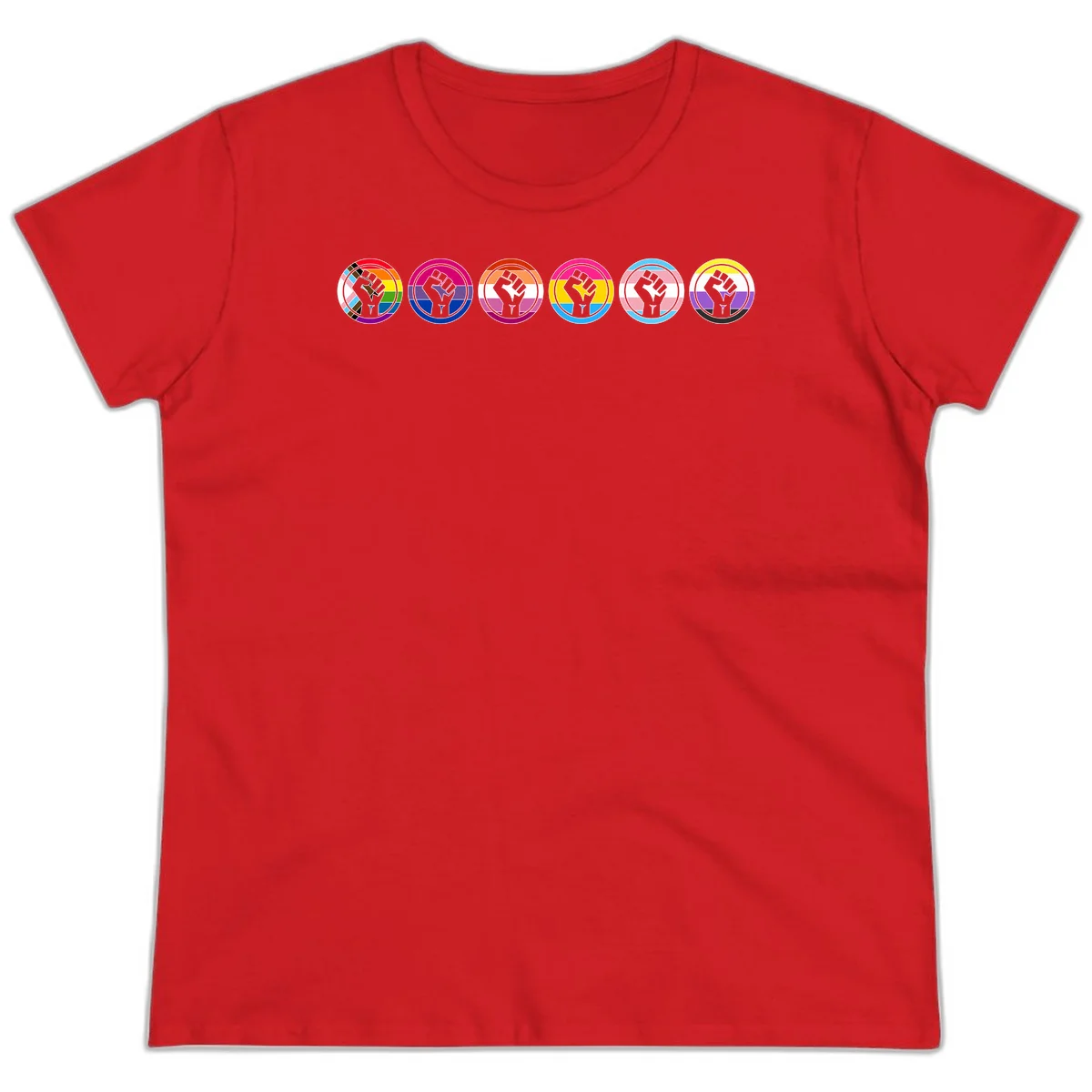 Raised fist symbol surrounded by concentric rainbow pride-colored circular rings representing LGBTQ+ unity and solidarity in Red