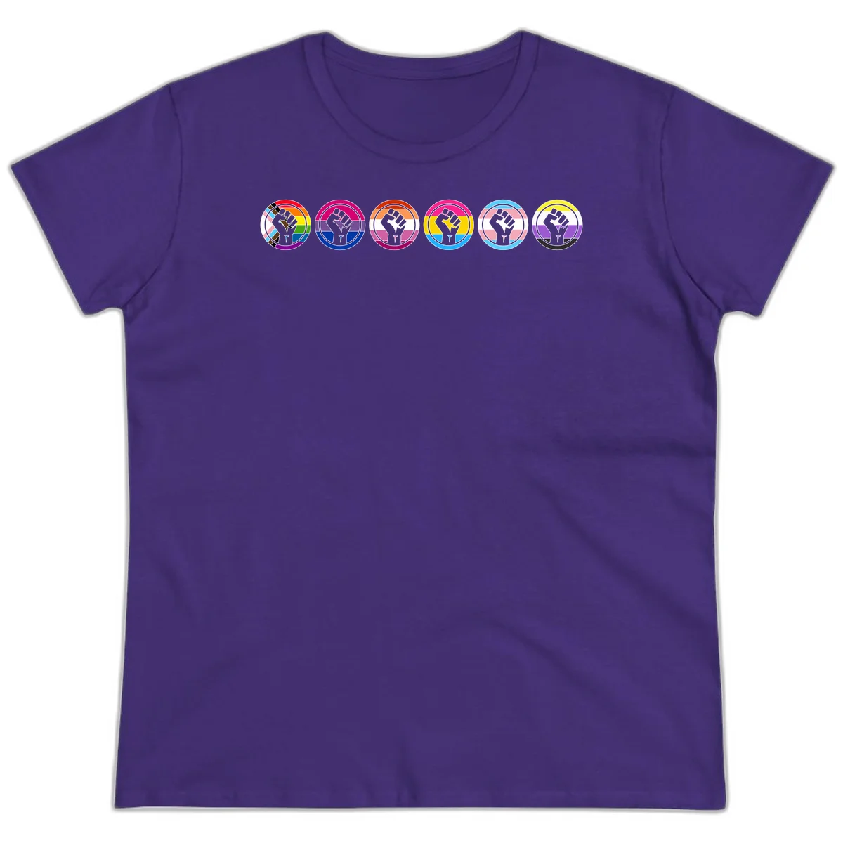 Raised fist symbol surrounded by concentric rainbow pride-colored circular rings representing LGBTQ+ unity and solidarity in Purple