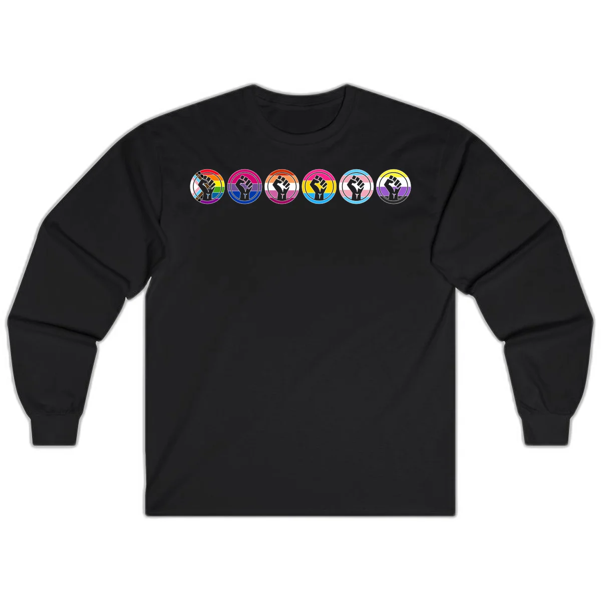 Raised fist symbol surrounded by concentric rainbow pride-colored circular rings representing LGBTQ+ unity and solidarity in Black