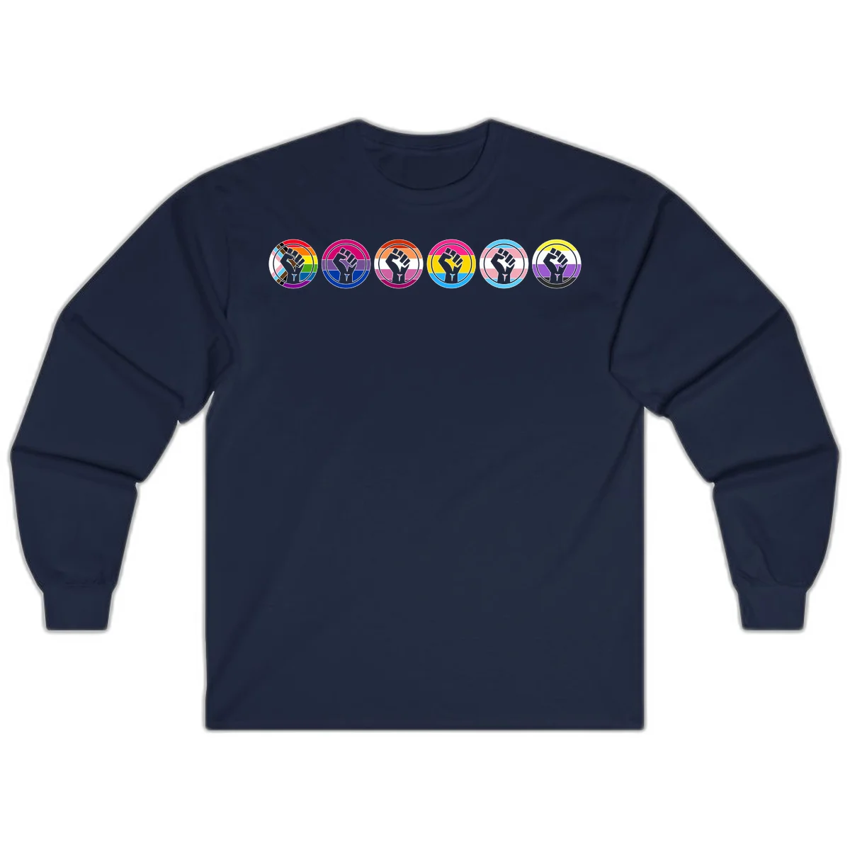 Raised fist symbol surrounded by concentric rainbow pride-colored circular rings representing LGBTQ+ unity and solidarity in Navy