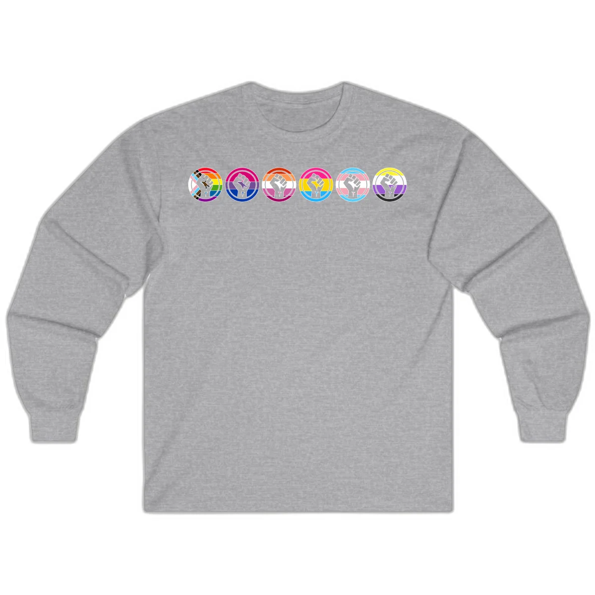 Raised fist symbol surrounded by concentric rainbow pride-colored circular rings representing LGBTQ+ unity and solidarity in Sport Grey