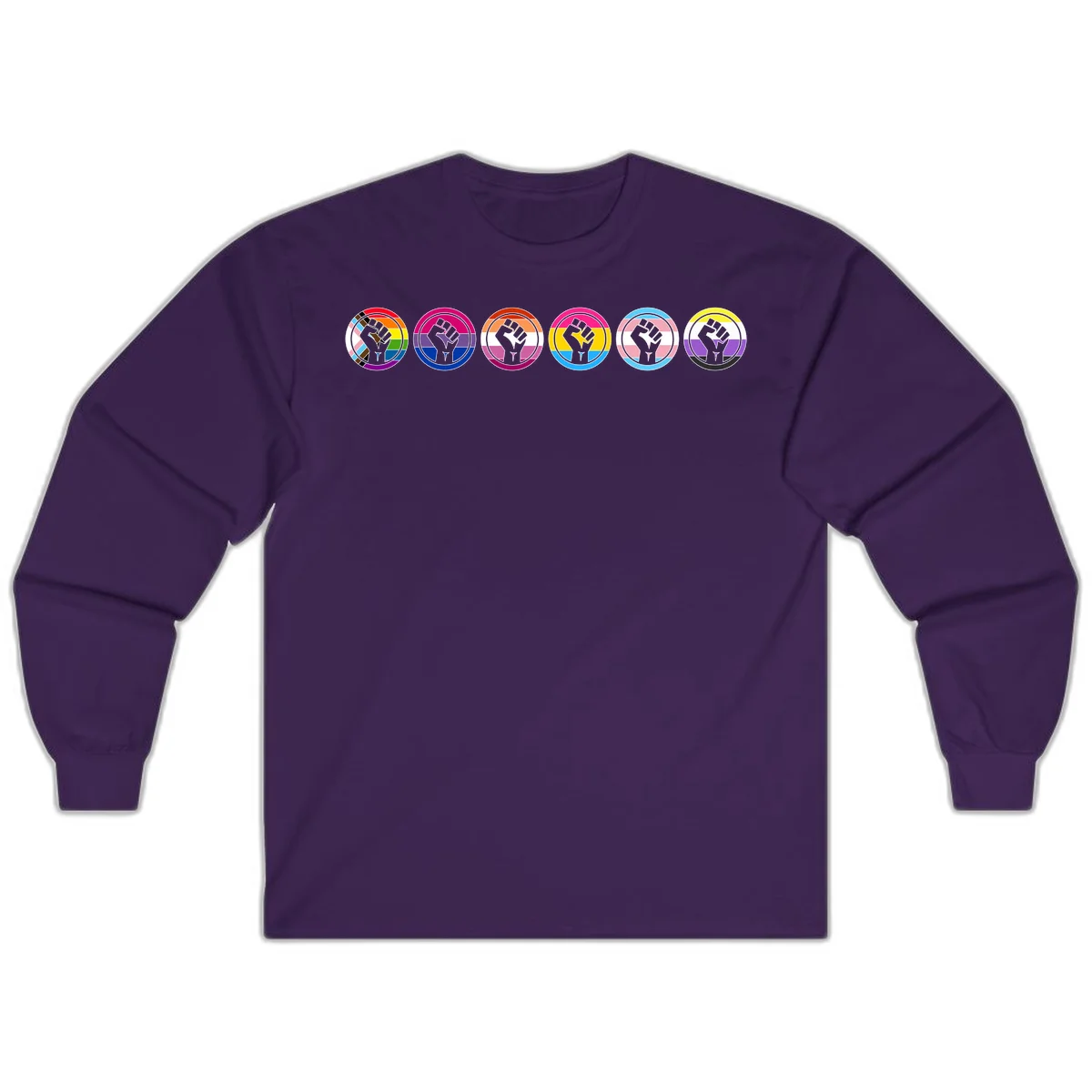 Raised fist symbol surrounded by concentric rainbow pride-colored circular rings representing LGBTQ+ unity and solidarity in Purple