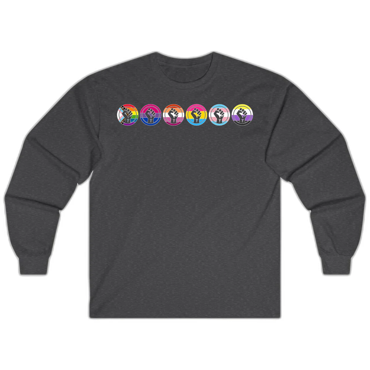 Raised fist symbol surrounded by concentric rainbow pride-colored circular rings representing LGBTQ+ unity and solidarity in Dark Heather