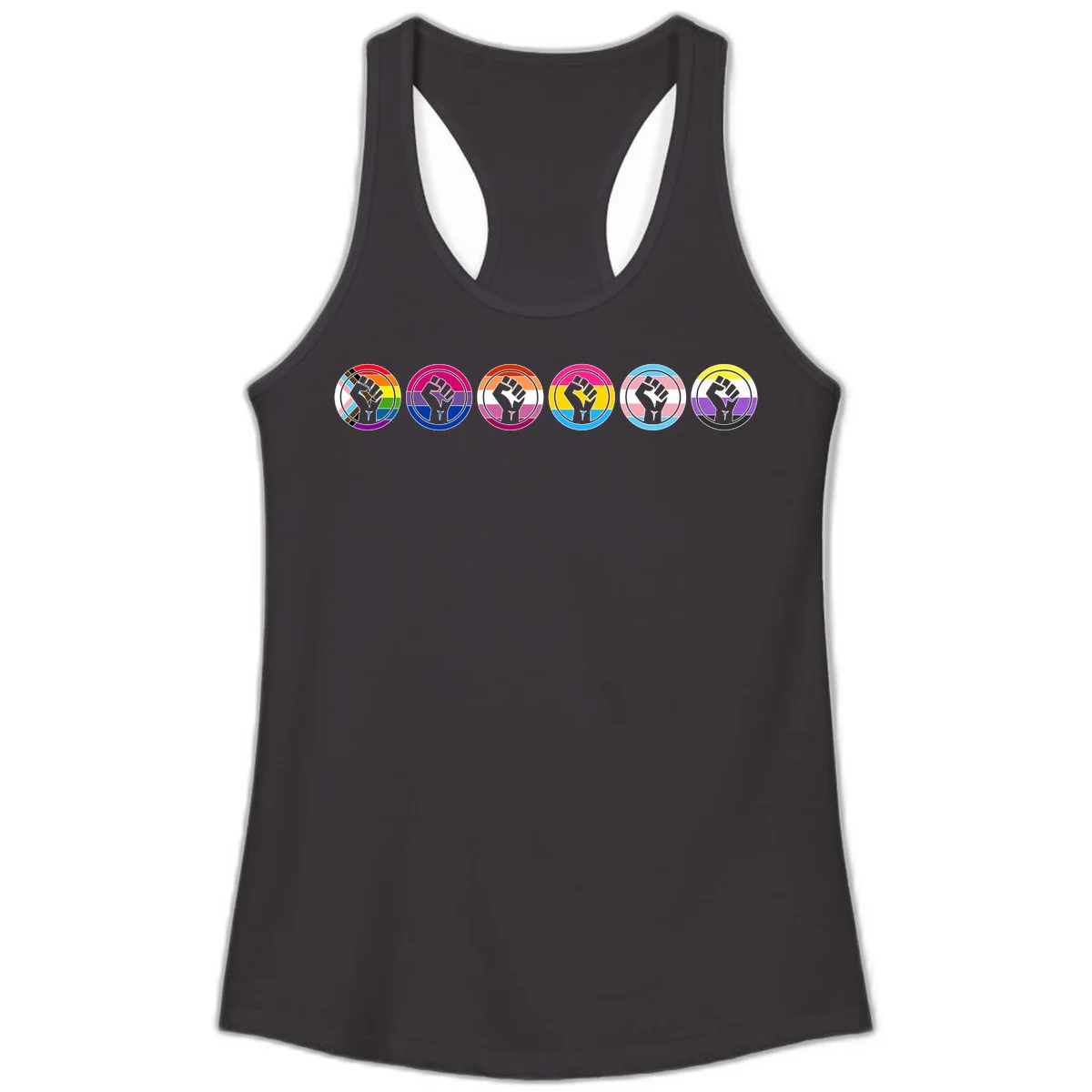Raised fist symbol surrounded by concentric rainbow pride-colored circular rings representing LGBTQ+ unity and solidarity in Black