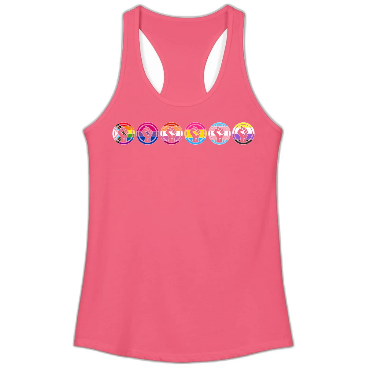 Raised fist symbol surrounded by concentric rainbow pride-colored circular rings representing LGBTQ+ unity and solidarity in Hot Pink