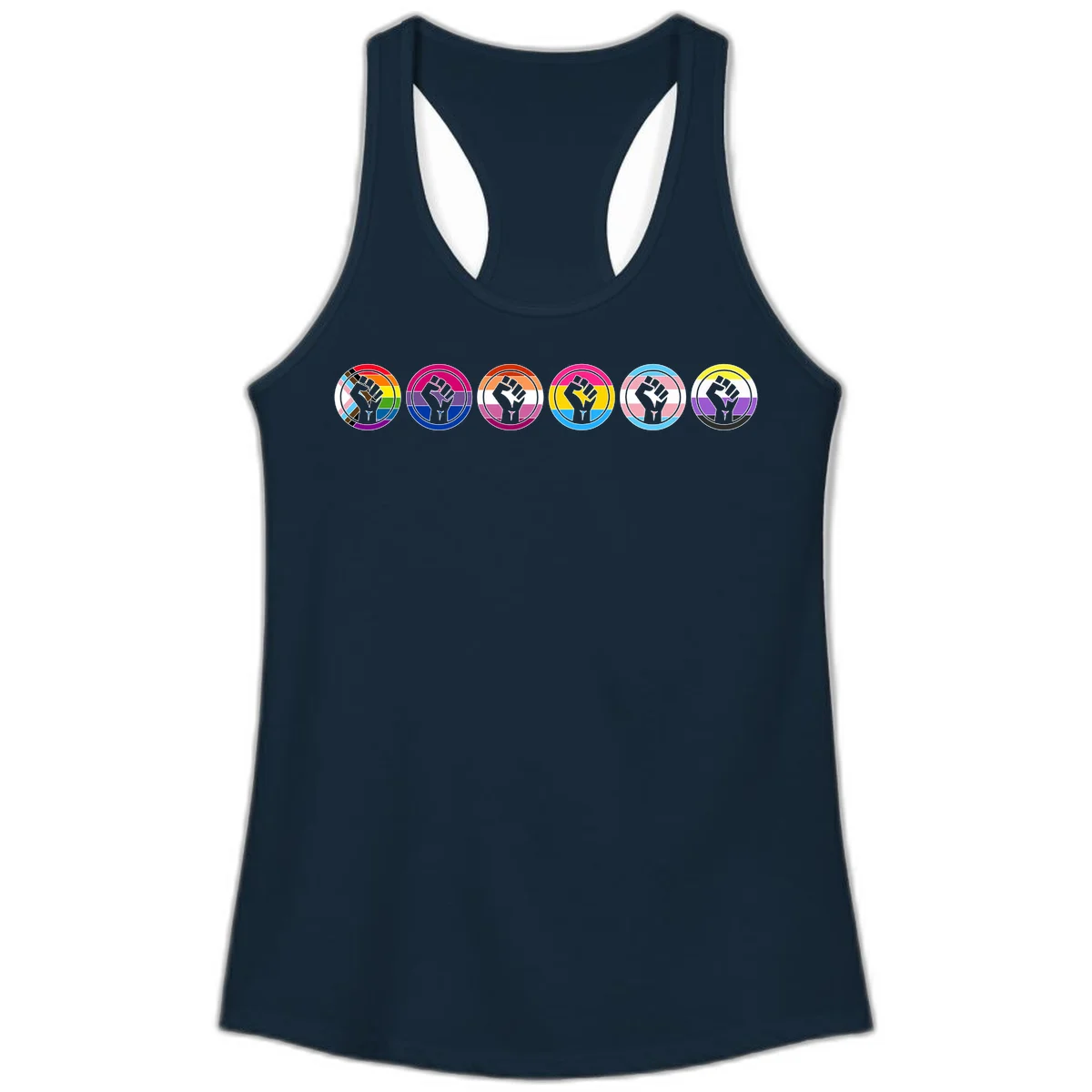 Raised fist symbol surrounded by concentric rainbow pride-colored circular rings representing LGBTQ+ unity and solidarity in Solid Midnight Navy