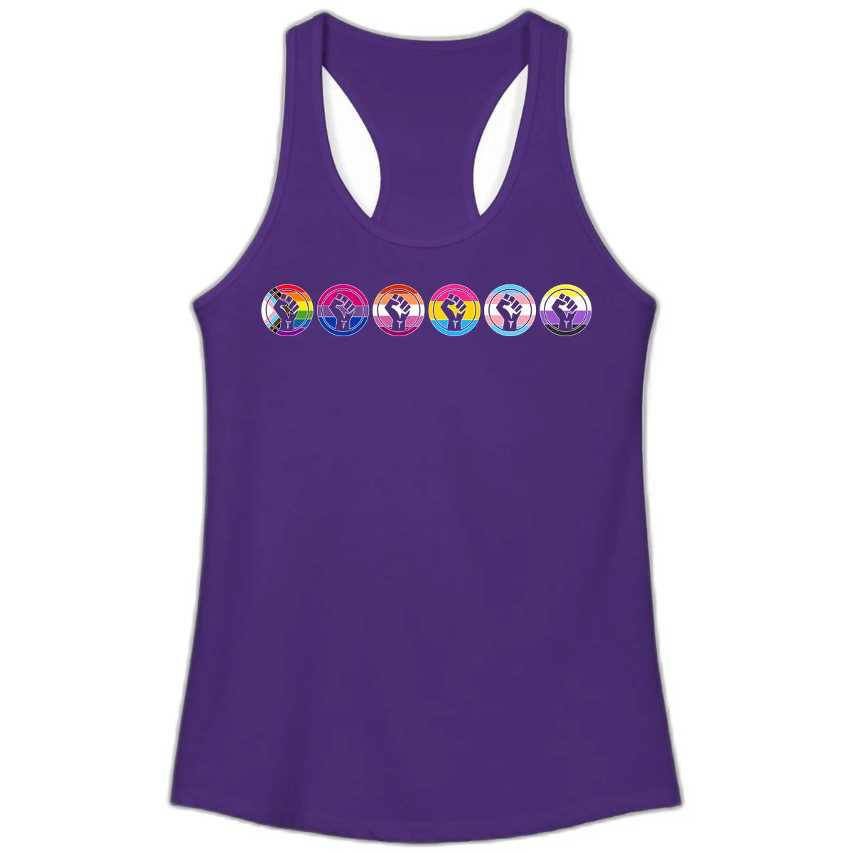 Raised fist symbol surrounded by concentric rainbow pride-colored circular rings representing LGBTQ+ unity and solidarity in Solid Purple Rush