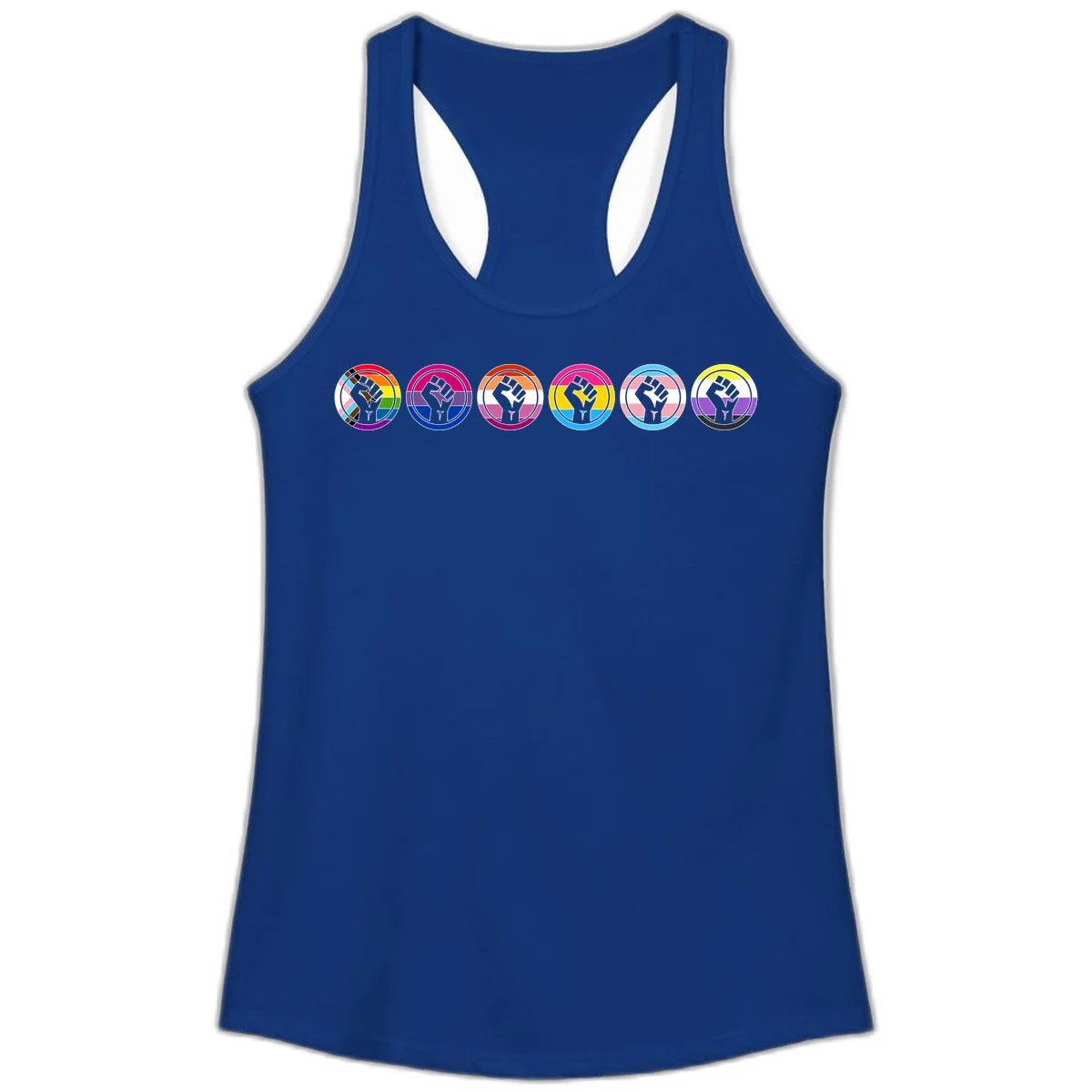 Raised fist symbol surrounded by concentric rainbow pride-colored circular rings representing LGBTQ+ unity and solidarity in Solid Royal