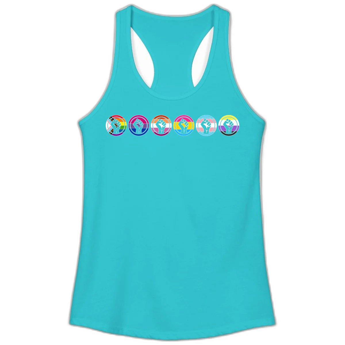 Raised fist symbol surrounded by concentric rainbow pride-colored circular rings representing LGBTQ+ unity and solidarity in Solid Tahiti Blue