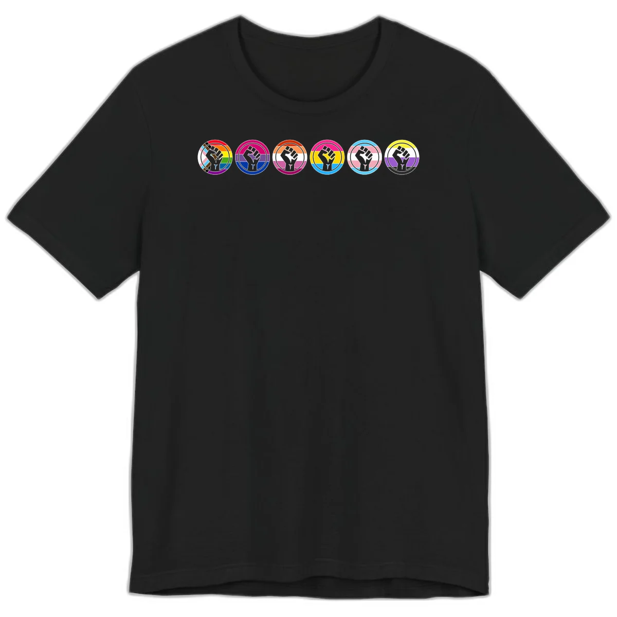 Raised fist symbol surrounded by concentric rainbow pride-colored circular rings representing LGBTQ+ unity and solidarity in Black